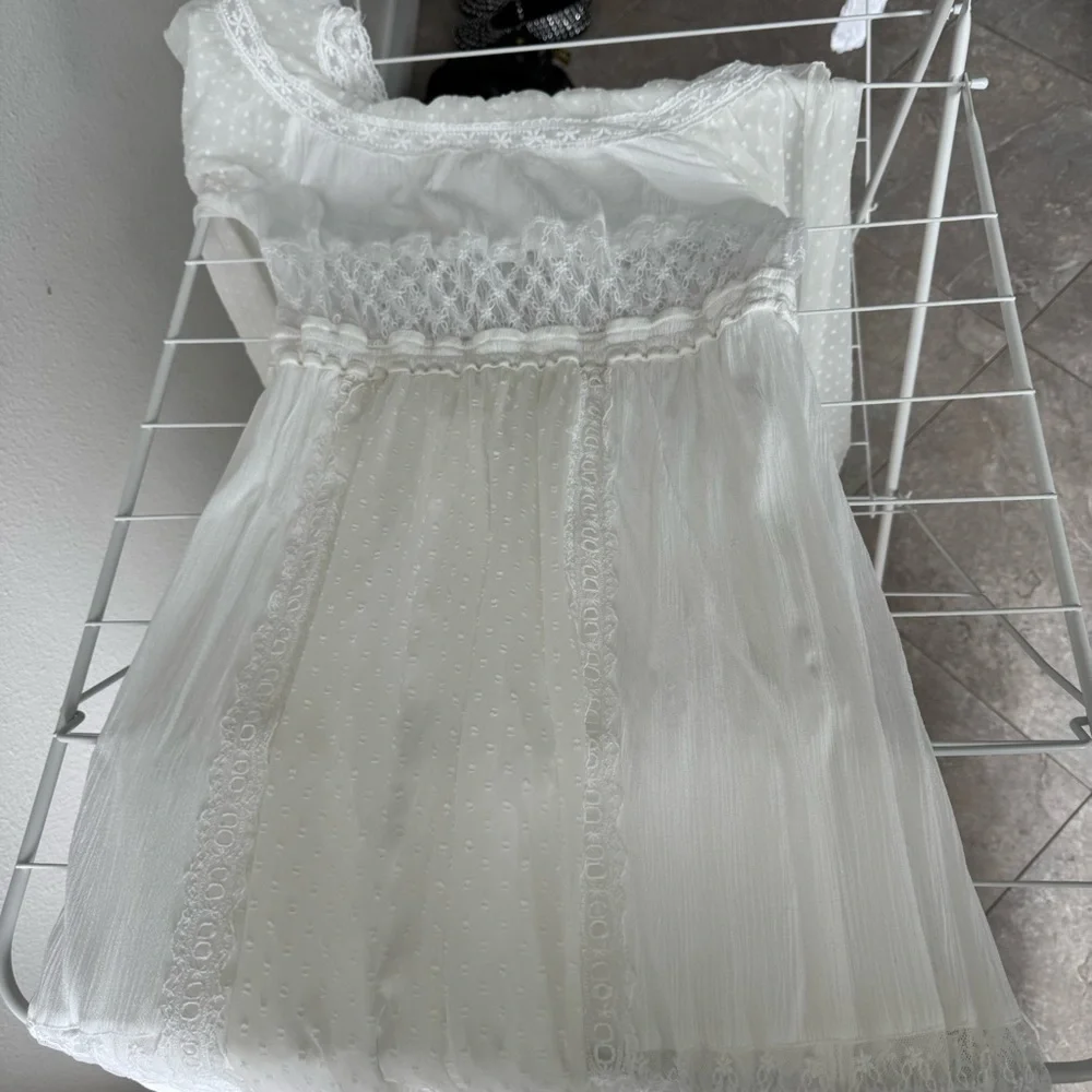 Free People Tina Lace Ivory Smocked Peasant Maxi Dress Size Small - Picture 2 of 6